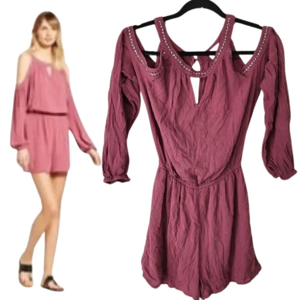 Knox Rose Pink Cold Shoulder Long Sleeve Metal Studded Romper Women's XS